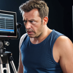 ** A media producer candidate stressed during a simulated on-set technical problem, surrounded by equipment. Focus on the pressure of the situation.

**