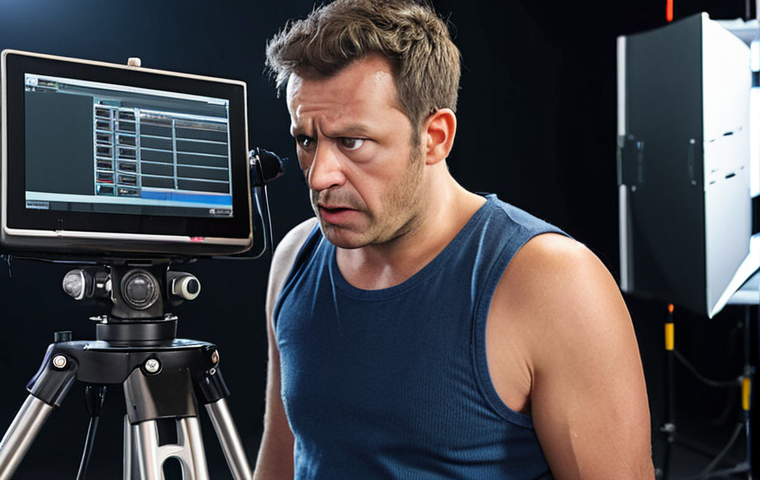 ** A media producer candidate stressed during a simulated on-set technical problem, surrounded by equipment. Focus on the pressure of the situation.
**