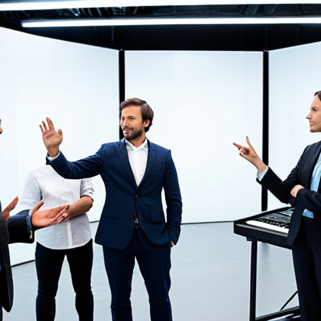 A diverse team of media professionals, fully clothed in modest business attire, actively collaborating in a modern, well-lit creative studio. A male producer, dressed in a professional suit, stands at the center, gesturing subtly like an orchestra conductor, fostering harmony and direction among the team members who are engaged with various creative tasks. The environment is clean and organized, hinting at technology with large screens showing abstract media content in the background. Professional photography, high resolution, soft natural lighting, perfect anatomy, correct proportions, natural pose, well-formed hands, proper finger count, natural body proportions, safe for work, appropriate content, fully clothed, professional.