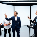 A diverse team of media professionals, fully clothed in modest business attire, actively collaborating in a modern, well-lit creative studio. A male producer, dressed in a professional suit, stands at the center, gesturing subtly like an orchestra conductor, fostering harmony and direction among the team members who are engaged with various creative tasks. The environment is clean and organized, hinting at technology with large screens showing abstract media content in the background. Professional photography, high resolution, soft natural lighting, perfect anatomy, correct proportions, natural pose, well-formed hands, proper finger count, natural body proportions, safe for work, appropriate content, fully clothed, professional.