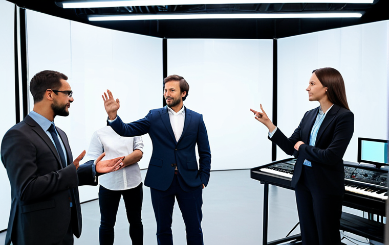 A diverse team of media professionals, fully clothed in modest business attire, actively collaborating in a modern, well-lit creative studio. A male producer, dressed in a professional suit, stands at the center, gesturing subtly like an orchestra conductor, fostering harmony and direction among the team members who are engaged with various creative tasks. The environment is clean and organized, hinting at technology with large screens showing abstract media content in the background. Professional photography, high resolution, soft natural lighting, perfect anatomy, correct proportions, natural pose, well-formed hands, proper finger count, natural body proportions, safe for work, appropriate content, fully clothed, professional.