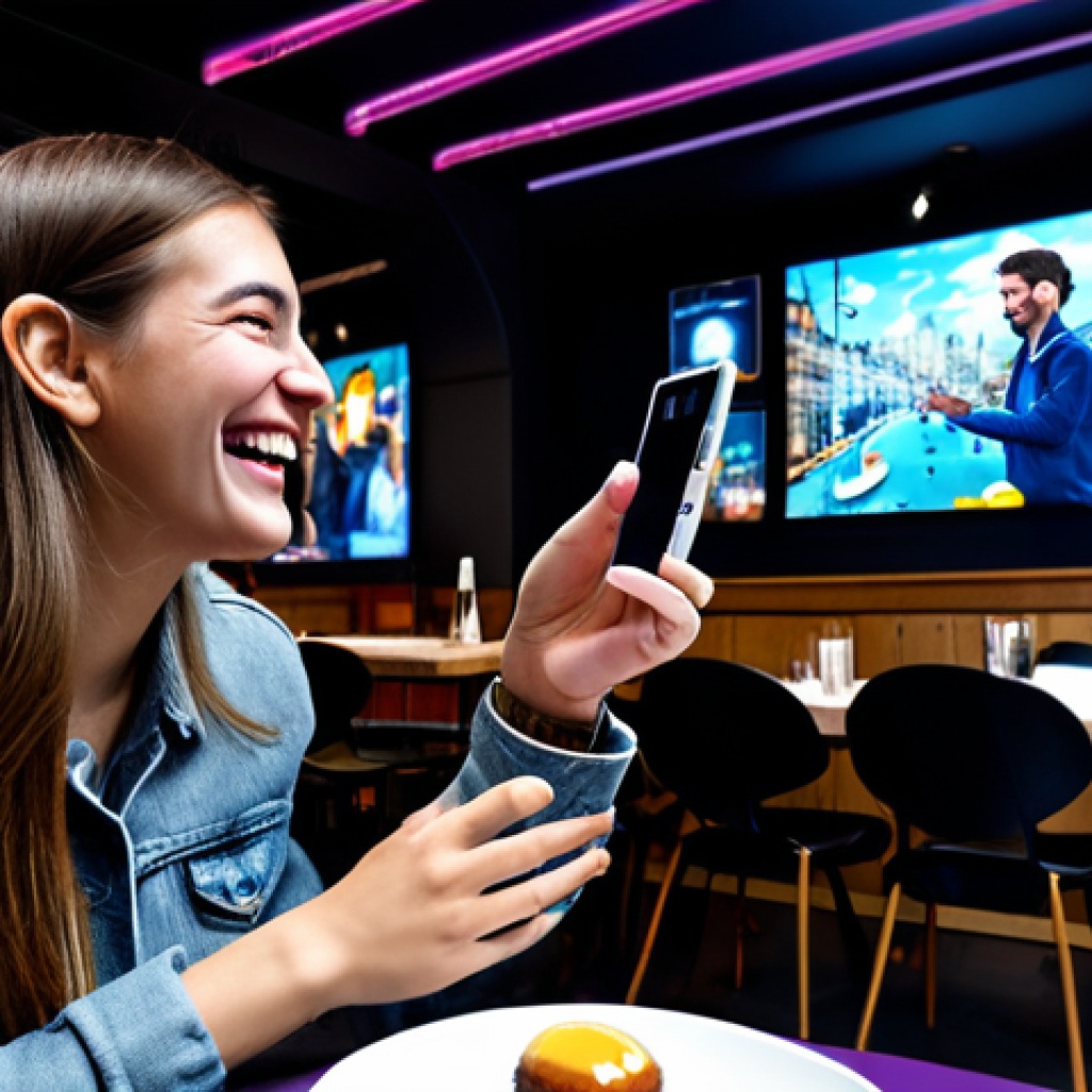 Immersive Engagement**

"A vibrant scene inside a modern Parisian cafe. A young, fully clothed woman in appropriate casual attire is laughing while interacting with a holographic augmented reality game projected above her cafe au lait. The game features characters that seem to jump out of the screen. Other patrons are visible in the background, also engaged with their devices. The atmosphere is lively and friendly. Safe for work, appropriate content, family-friendly, perfect anatomy, natural proportions, well-formed hands, professional digital art, high resolution, concept art."

**