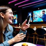 Immersive Engagement**

"A vibrant scene inside a modern Parisian cafe. A young, fully clothed woman in appropriate casual attire is laughing while interacting with a holographic augmented reality game projected above her cafe au lait. The game features characters that seem to jump out of the screen. Other patrons are visible in the background, also engaged with their devices. The atmosphere is lively and friendly. Safe for work, appropriate content, family-friendly, perfect anatomy, natural proportions, well-formed hands, professional digital art, high resolution, concept art."

**