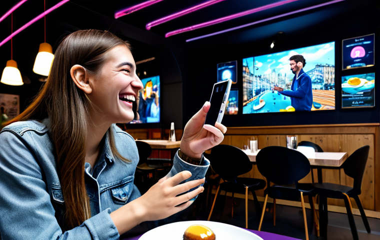 Immersive Engagement**
"A vibrant scene inside a modern Parisian cafe. A young, fully clothed woman in appropriate casual attire is laughing while interacting with a holographic augmented reality game projected above her cafe au lait. The game features characters that seem to jump out of the screen. Other patrons are visible in the background, also engaged with their devices. The atmosphere is lively and friendly. Safe for work, appropriate content, family-friendly, perfect anatomy, natural proportions, well-formed hands, professional digital art, high resolution, concept art."
**