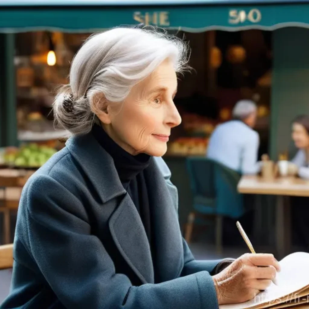 미디어 프로듀서의 창의적 사고 키우기 - **"Parisian Cafe: The Observer's Muse"**
    A young woman, elegantly dressed in a chic, modest Pari...