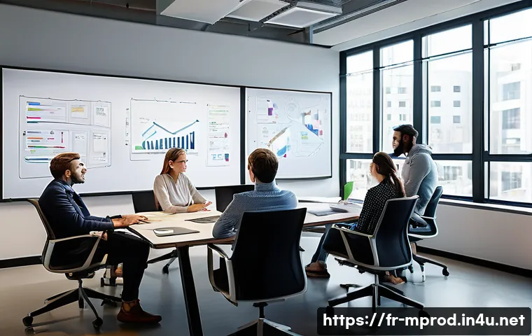 미디어 프로듀서의 프로젝트 관리 노하우 - A professional media project team in a modern office setting, engaged in a focused brainstorming ses...