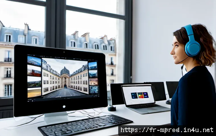Home 17 미디어 프로듀서가 다루는 주요 직무 - Photorealistic media producer in a modern Paris production office, confidently coordinating a small ...