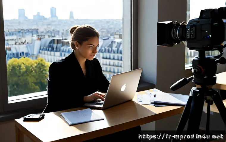 미디어 프로듀서 이직 성공 전략 - Photorealistic editorial scene of a confident French media producer in a modern Paris creative studi...